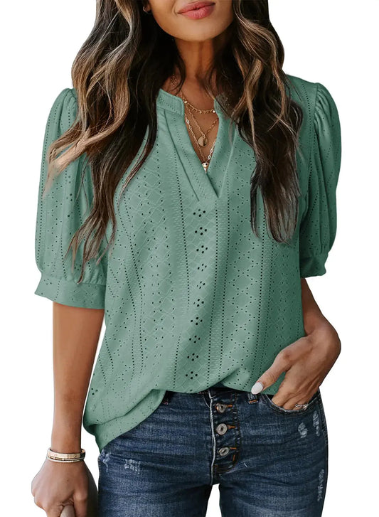 Dokotoo Summer Outfits Tops for Women Trendy 2025 Business Casual Blouses V Neck Puff Short Sleeve Shirts Hollow Out Lace Tops Solid Color Blouse Cruise Outfits for Women Clothes Mist Green 2XL My Store