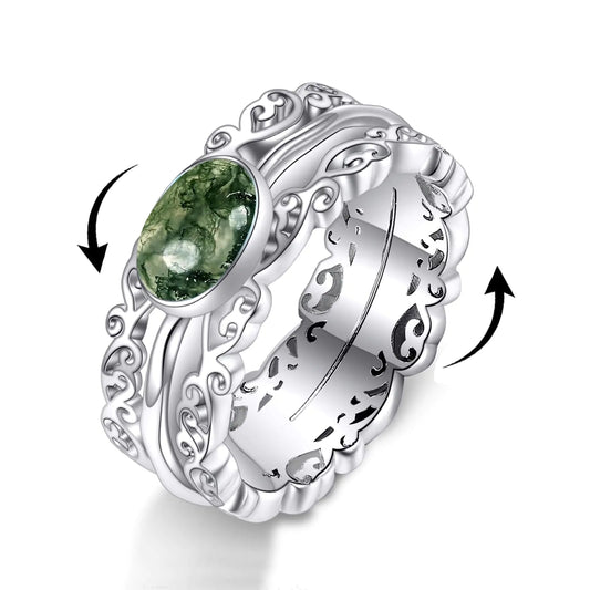 VONALA Naturl Gemstone Fidget Rings for Anxiety 925 Sterling Silver Moss Agate Rings for Women Anti Stress Mood Rings Gifts Band Wide 6# My Store