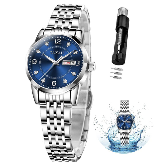 Taxau Watches for Women Blue Watch Women Silver Watch for Women Fashion Luxury Dress Womens Watches with Date Stainless Steels Waterproof Women Watches Small Womens Watch Quartz Ladies Watch My Store