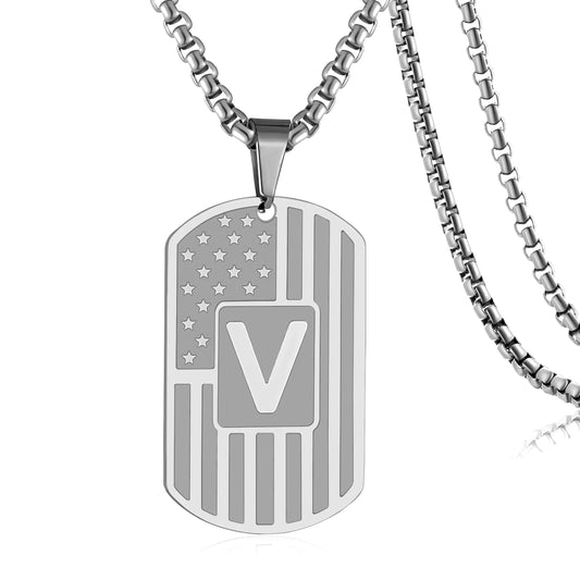 HSWYFCJY Silver V Initial Dag Tag Necklace for MenStainless Steel American Flag Letter A-Z Military Pendant Necklace 3.0mm 24inch Box Chain Jewelry Gift for Men My Store